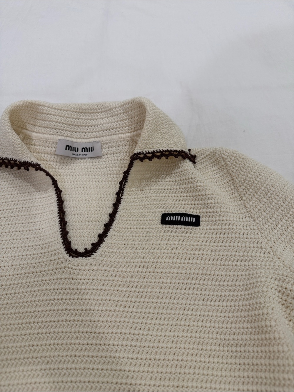 Miu Miu Cream V-Neck Knit Sweater with Brown Trim